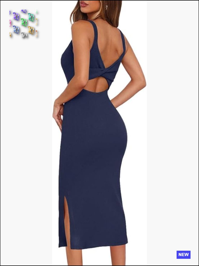 Sleeveless Twist Backless Ribbed Knit Bodycon Midi Dress Party Club Night Out